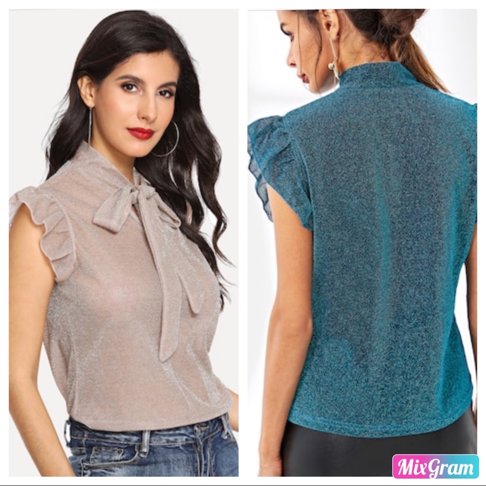 💎 TIE NECK RUFFLE ARMHOLES GLITTER TOP S,M 💎